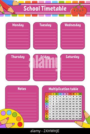 Calendrier scolaire avec table de multiplication. Pour l'éducation des enfants. Isolé sur un fond blanc. Avec un joli personnage de dessin animé. Illustration de Vecteur