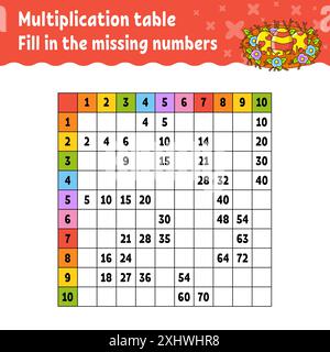 Collez les numéros manquants. Tableau de multiplication d'apprentissage. Pratique de l'écriture manuscrite. Feuille de travail de développement de l'éducation. Page d'activité couleur. Jeu pour enfants Illustration de Vecteur