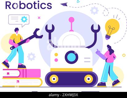 Robotique illustration vectorielle de robots d'intelligence artificielle communiquant avec la technologie et l'ingénierie, avec une ampoule et des engrenages Illustration de Vecteur