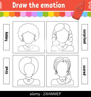 Dessinez l'émotion. Fiche de travail remplir le visage. Livre de coloriage pour enfants. Caractère joyeux. Illustration vectorielle. Silhouette de contour noire. Isolé sur Illustration de Vecteur