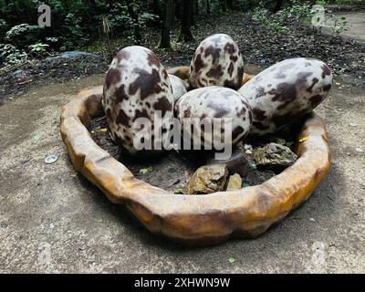 Oeufs de dinosaure. Figure réaliste d'un parc boisé de dinosaures d'oeufs à Kazimierz Sosnowiec. Prédateur préhistorique créer un élément fascinant du lan Banque D'Images