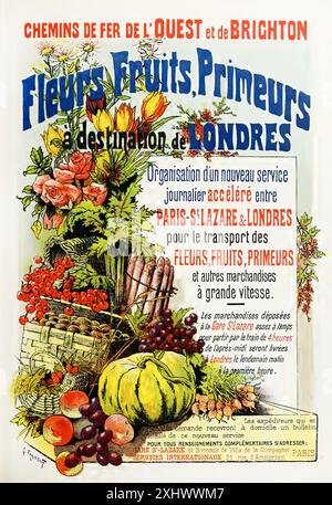 FRAIPONT Gustave - fleurs fruits, primeurs à destination de Londres, chemins de fer de l'Ouest et de Brighton - tirage Vintage illustré Banque D'Images