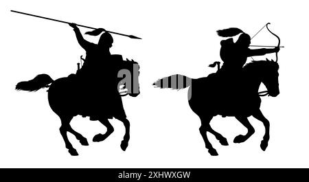 Silhouette noire du fer de lance monté scythe et de l'archer à l'attaque. Illustration historique. Cavalier ancien. Banque D'Images