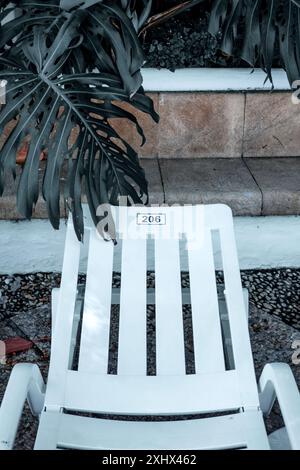 Chaise longue entourée de feuilles de monstera luxuriantes dans une station touristique Banque D'Images