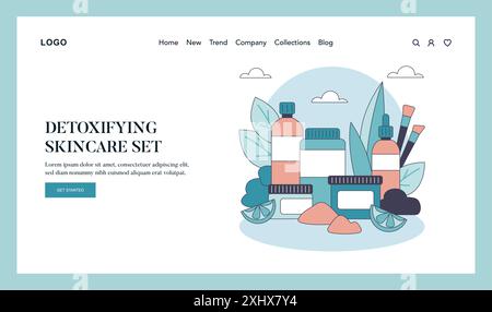 Concept de boîte à outils de soin de la peau. Une collection de produits de beauté détoxifiants essentiels pour la routine quotidienne de soin de la peau. Bouteilles, crèmes et outils pour les soins du visage. Illustration vectorielle. Illustration de Vecteur