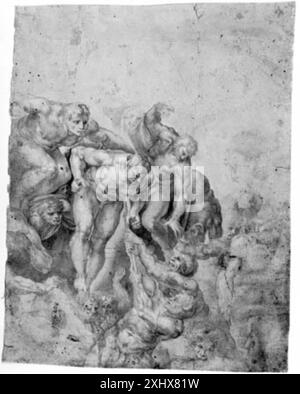 Dessin de Michelangelo Buonarroti représentant les damnés chargés dans le bateau de Charon du jugement dernier sur le plafond de la Chapelle Sixtine, partie des dessins de l’Italie centrale, conservés au Statens Museum for Kunst. Banque D'Images