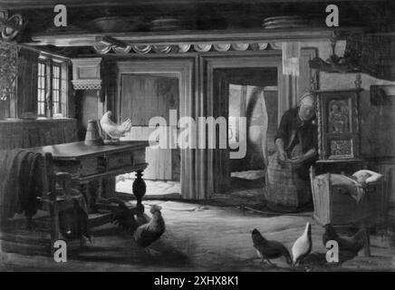 Peinture de H.J. Hammer représentant une scène paysanne rurale. L'œuvre montre des personnages dans un intérieur domestique, portant des vêtements d'époque et s'engageant dans des activités quotidiennes. Banque D'Images