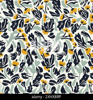 Motif imprimé fleuri sauvage moderne en tissu imprimé avec textures de tissu en lin. Fleurs sombres boho dessinées à la main stylisées pour les éléments de design décoratifs Banque D'Images