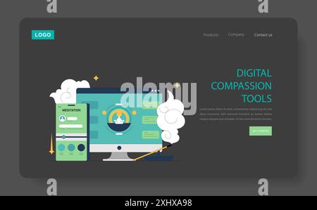 Concept de thérapie centrée sur la compassion. Des outils numériques offrant des techniques de pleine conscience et de soins personnels. Imagerie de méditation sereine sur les appareils. Illustration vectorielle. Illustration de Vecteur