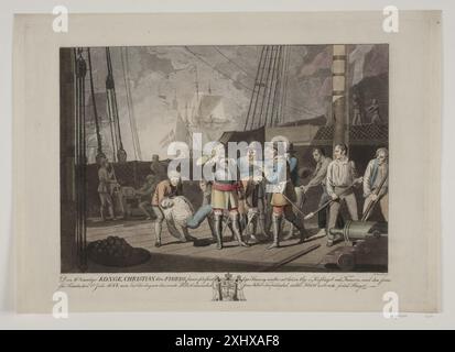 Aquatinte de Niels Truslew représentant Christian IV lors de la bataille maritime de Fehmarn en 1644, illustrant les navires, les combats et les formations navales. Banque D'Images