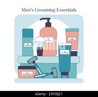 Concept de toilettage Essentials pour homme. Collection de produits de soins de la peau et de rasage pour une hygiène quotidienne. Articles de soins personnels pour hommes. Illustration vectorielle. Illustration de Vecteur