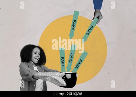 Tendance illustration composite image de croquis 3D collage de photos de fausses informations presse médias sociaux jeune femme recueillir mensonge dans le pot de cuisinier Banque D'Images