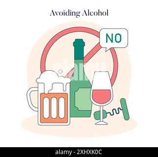 Concept d'évitement de l'alcool. Une représentation du choix de rejeter les boissons alcoolisées pour des raisons de santé. Engagement sobriété, choix de style de vie bien-être. Illustration vectorielle. Illustration de Vecteur
