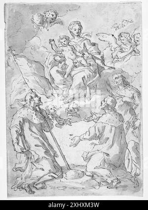 Trois saints mâles avec la Vierge et l'enfant dans les nuages entourés d'anges Conca, Sebastiano 1680 - 1764 dessin napolitain. Dessins italiens au Département des estampes et dessins, Statens Museum for Kunst, Chris Fischer, NR. 104, 2006 trois saints mâles avec la Vierge et l'enfant dans les nuages entourés d'anges Banque D'Images