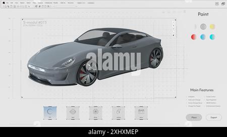 Maquette d'interface légère d'un logiciel informatique de CAO professionnel avec modification du projet d'une voiture de sport. Modèle gris du véhicule électrique Futuristic Super car. Technologie à énergie verte. Rendu 3D. Banque D'Images