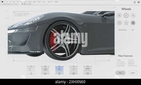 Maquette d'interface légère d'un logiciel informatique de CAO professionnel avec édition du projet d'une voiture de sport moderne. Modèle de véhicule électrique Futuristic Super car. Concentrez-vous sur les différentes options de jantes. Rendu 3D. Banque D'Images