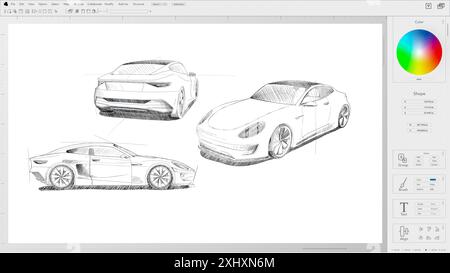 Maquette d'interface légère de logiciel d'ordinateur d'illustration professionnelle avec conception de croquis de voiture de sport. Artiste Ajout de lignes de finition à Un projet. Processus de production de véhicules électriques. Rendu 3D. Banque D'Images