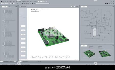 Maquette d'interface légère de logiciel informatique de CAO professionnel avec modèle numérique de carte de circuit imprimé en cours de conception. Processus de production de carte mère ou Microchip for Electronic Devices concept. Rendu 3D. Banque D'Images
