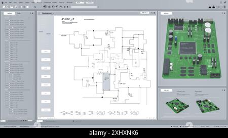 Maquette d'interface légère de logiciel informatique de CAO professionnel avec diagramme numérique de la carte de circuit imprimé en cours de conception. Processus de production de carte mère ou Microchip for Electronic Devices concept. Rendu 3D. Banque D'Images