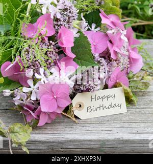 Carte de voeux avec hortensias roses, soapwort, origan et texte : joyeux anniversaire Banque D'Images