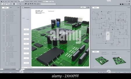 Maquette d'interface légère de logiciel informatique de CAO professionnel Zoom sur le modèle numérique de carte de circuit imprimé en cours de conception. Processus de production de carte mère ou Microchip pour dispositifs électroniques. Rendu 3D. Banque D'Images