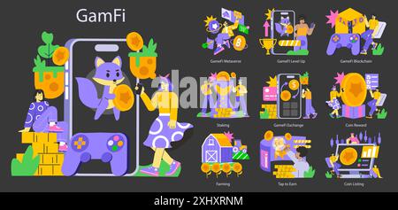Concept Set GameFi. Les joueurs interagissent avec divers éléments de l'écosystème de jeu blockchain. Crypto-monnaie, staking, agriculture dans un monde numérique ludique. Illustration vectorielle. Illustration de Vecteur