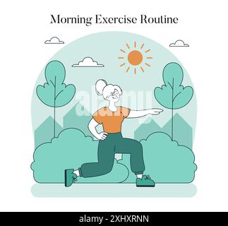 Concept de fitness senior. Une femme âgée active effectue des exercices matinaux dans un parc. Choix de mode de vie sain pour la population vieillissante. Illustration vectorielle. Illustration de Vecteur