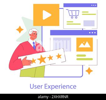 Concept d'expérience utilisateur. Une personne détenant une note géante de cinq étoiles signifie l'importance de la satisfaction des clients dans les plateformes numériques. Collecte de commentaires en ligne. Illustration vectorielle. Illustration de Vecteur