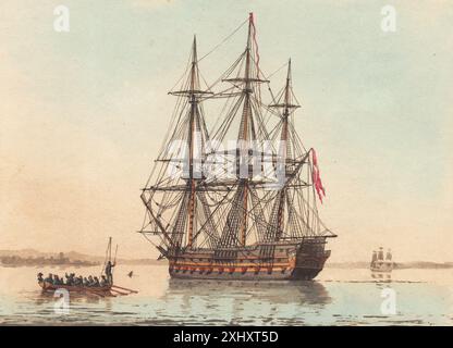 Estampe aquatinte de Niels Truslew et C.W. Eckersberg représentant un navire de guerre danois ancré dans des eaux calmes du matin, mettant en évidence l'architecture navale et l'activité maritime à la fin du XVIIIe siècle et au début du XIXe siècle. Banque D'Images