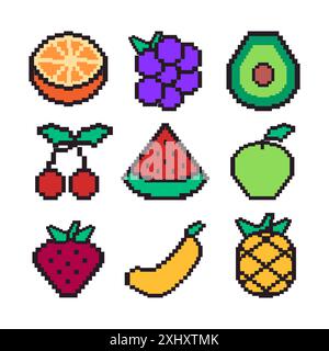 set divers raisins de pixel de fruit avocat cerise pastèque banane ananas et pomme frais nourriture saine Illustration de Vecteur