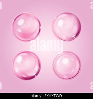 Gouttes de sérum transparentes isolées sur fond. Illustration réaliste vectorielle de blobs de gel cosmétique rose, bulles de savon rondes avec réflexion de la lumière, échantillon d'huile de soin de la peau, échantillon d'essence de vitamine Illustration de Vecteur