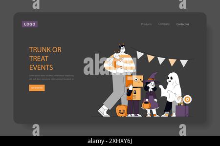 Concept de célébration d'Halloween. Une famille heureuse s'habille pour se faire plaisir avec des costumes ludiques et des décorations effrayantes. Illustration vectorielle. Illustration de Vecteur