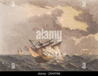 Estampe aquatinte de Niels Truslew et C.W. Eckersberg représentant un navire anglais frappé par la foudre, illustrant les dangers maritimes, la structure du navire et des scènes navales des XVIIIe et XIXe siècles. Banque D'Images
