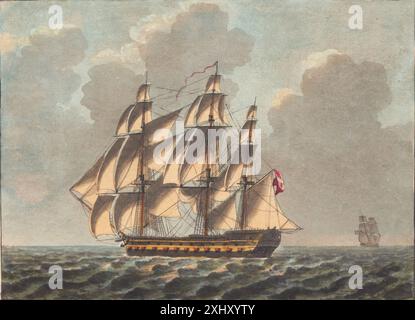 Estampe aquatinte de Niels Truslew et C.W. Eckersberg représentant un navire de ligne danois naviguant presque avec le vent, mettant l'accent sur le mouvement du navire, les voiles, le gréement et la navigation navale aux XVIIIe et XIXe siècles. Banque D'Images