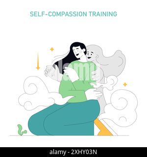 Concept de thérapie centrée sur la compassion. Illustration de la prise en charge de soi-même et de l'auto-soutien émotionnel. Embrasser, confort et caresse douce. Illustration vectorielle. Illustration de Vecteur