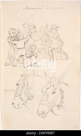 Dessin de Johan Thomas Lundbye montrant une petite fille parmi les garçons de combat avec deux têtes de cheval ci-dessous. La composition du XIXe siècle capture le mouvement et l'interaction humaine dans une scène de genre. Banque D'Images