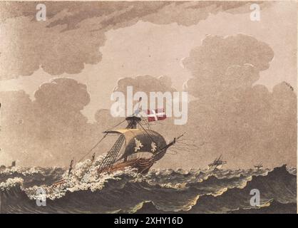 Aquatinte de Niels Truslew et C.W. Eckersberg représentant un navire endommagé signalant des pillages en mer, mettant l'accent sur la communication navale, les dangers maritimes et l'état du navire. Banque D'Images