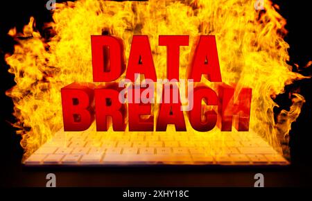 Violation de données, gravure du clavier de l'ordinateur. Violation de données, gravure du clavier de l'ordinateur. Feu incandescent, lettres majuscules rouges. Cybercriminalité, informatique, sécurité des réseaux, cybermenace. Illustration 3D cybersecurity013s04 Keyboard Fire Data Breach Banque D'Images