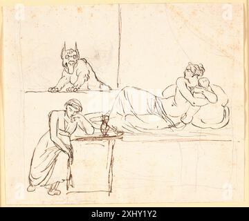 Dessin de Nicolai Abildgaard (1743-1809) montrant une femme allongée sur un lit avec un nourrisson, observant un grand personnage dans la fenêtre, tandis qu'une autre femme dort au pied du lit. Banque D'Images