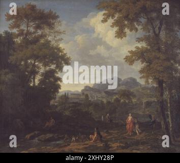 Johannes Glauber (1646-1724) et Gérard de Lairesse (1641-1711) ont peint un paysage classique montrant Diana et ses nymphes, représentant des figures, des arbres, de l'eau et des éléments architecturaux dans un cadre européen du XVIIe au XVIIIe siècle. Banque D'Images