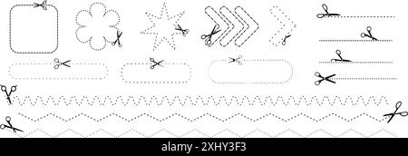 Lignes de coupe vectorielles avec des icônes de ciseaux pour coupons, projets de bricolage et artisanat. Illustration de Vecteur