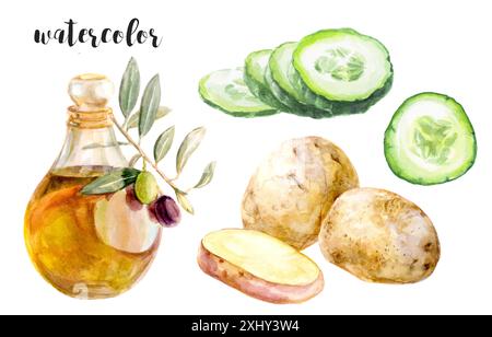 Aquarelle de pommes de terre, huile d'olive et tranches de concombre, parfait pour les amateurs de nourriture et d'art. Banque D'Images