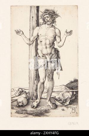 Gravure sur cuivre d'Albrecht Dürer (1471-1528) représentant l'homme des douleurs les mains levées, partie de l'œuvre graphique de Dürer comprenant des gravures, des gravures sur bois et des gravures. Banque D'Images