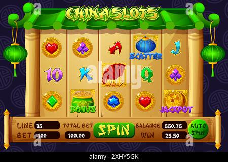 Interface utilisateur de jeu de machines à sous pour le jeu de casino sur le thème chinois. Jeu de 12 symboles de fente. L'interface utilisateur du jeu est de style cartoon avec des boutons de base pour vos conceptions Illustration de Vecteur
