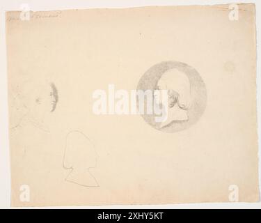Dessin de Marie Jeanne Clemens montrant un portrait de femme dans un médaillon de profil à gauche, avec deux têtes de profil supplémentaires. Banque D'Images