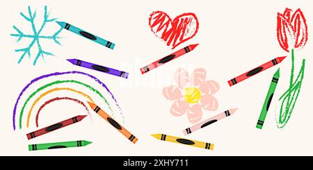 Crayon de cire éléments dessinés à la main. Illustration colorée d'enfants en crayon de cire. Illustration de Vecteur