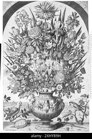 Vase avec fleurs Hondius I, Hendrik 1573 - 1650, Verhulst, Elias 1500 gravure sur cuivre, impression The New Hollstein gravures, gravures et gravures sur bois néerlandaises et flamandes 1450-1700, Hendrick Hondius, Nadine Orenstein, 242, k1996-460, 1994. Prenten in de Gouden Eeuw van Kunst tot kastpapier, Jan van der Waals, OMT. og afb. P. 150, k2006-035, 2006 vase Med blomster Banque D'Images