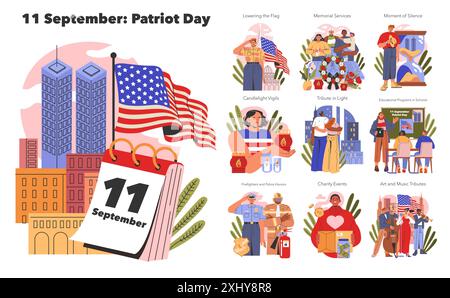 Set Patriot Day. Activités commémoratives et hommages pour 9 11. Commémoration avec drapeaux, services et programmes éducatifs. Illustration vectorielle. Illustration de Vecteur