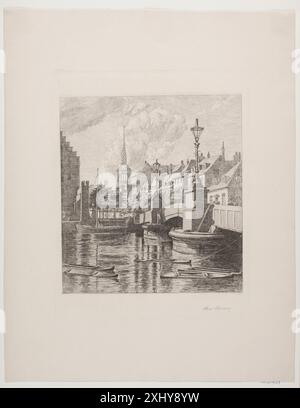 Gravure de Max Kleinsorg représentant un rassemblement social à Knippelsbro à Copenhague. L'estampe montre la vie urbaine danoise du XIXe siècle, l'architecture et l'activité humaine le long du pont. Banque D'Images