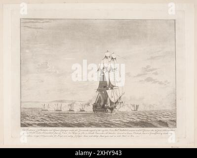 Un aquatinte de Niels Truslew et C.W. Eckersberg représentant un engagement naval entre six canonnières danoises et le navire de ligne anglais Dictator le 26 juin 1808, montrant des navires, des canons et une action maritime. Banque D'Images
